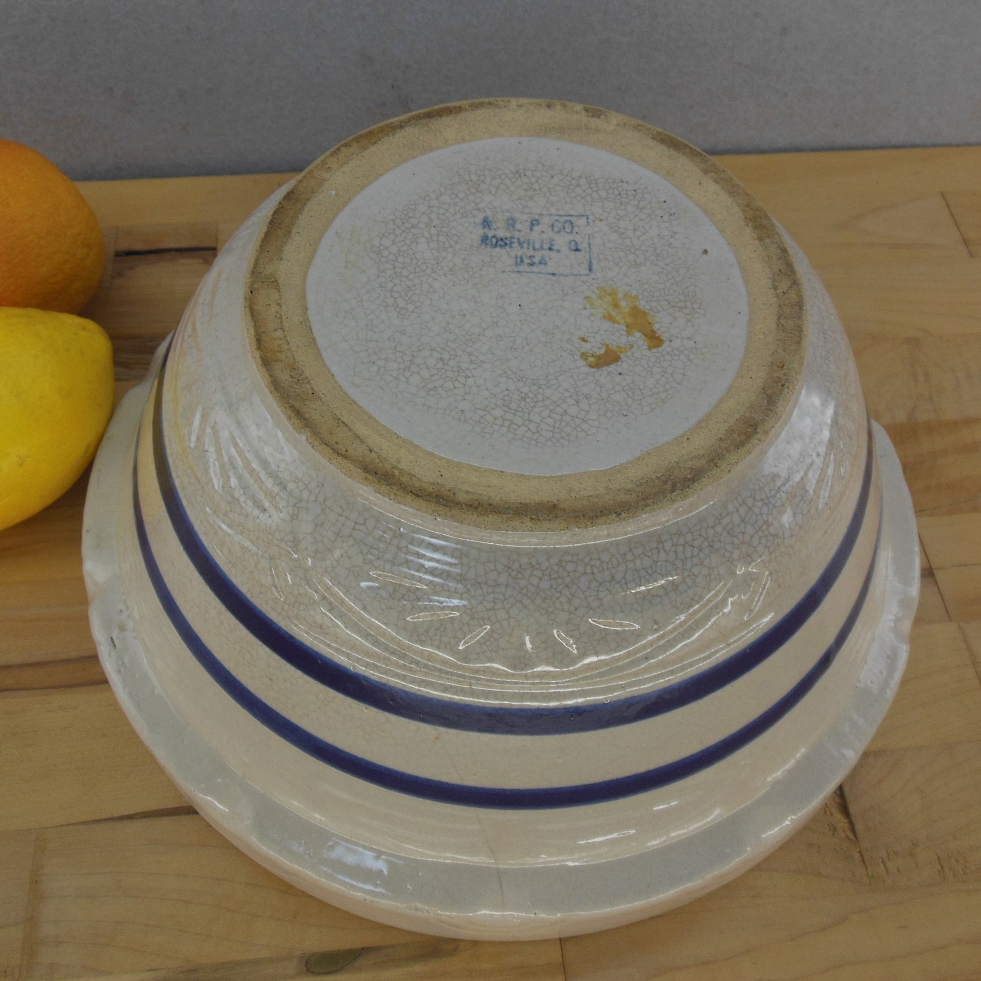 R.R.P Ransbottom Roseville Stoneware Pottery Mixing Bowl Blue Stripe Used