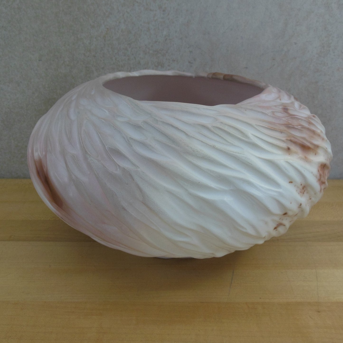 Ruth Allan 1990 Studio Saggar Pottery Vortex Vase Pink Brown Carved