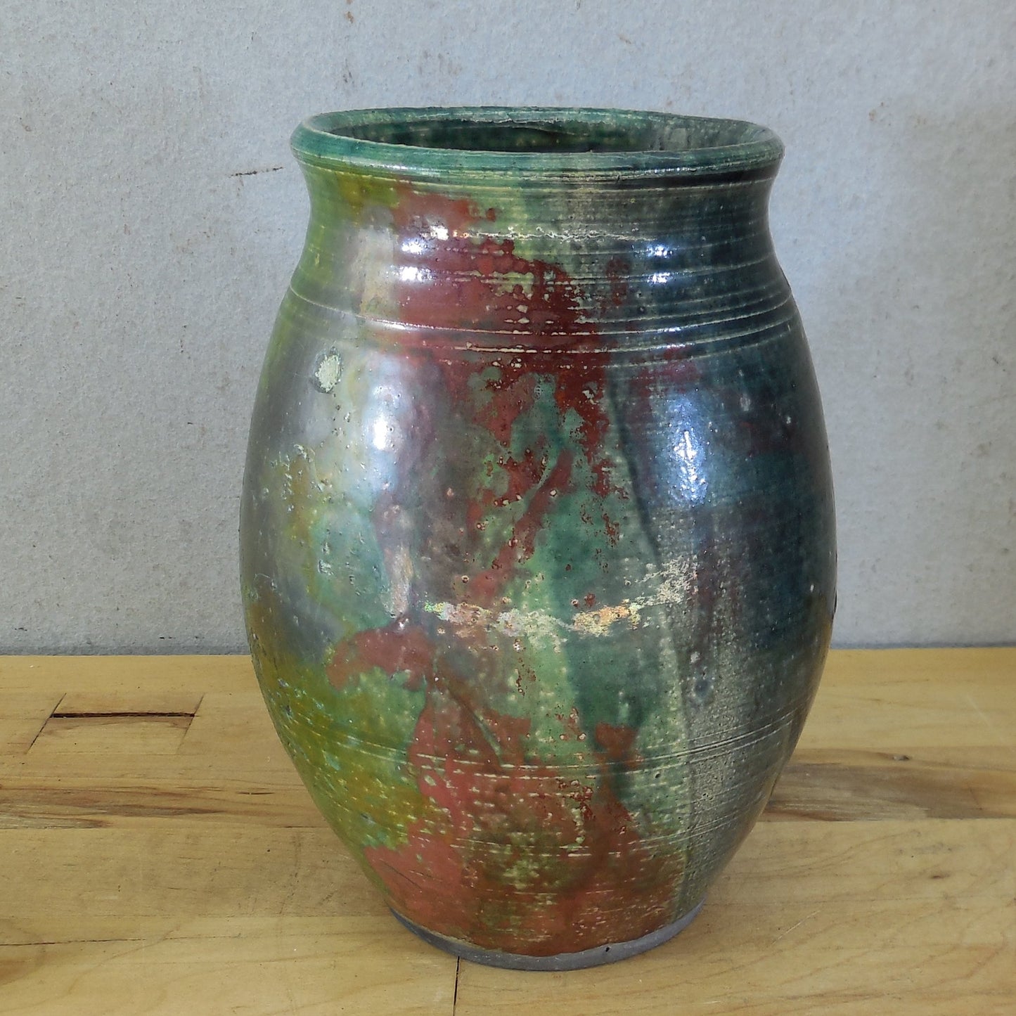 Unsigned Raku Pottery Vase Iridescent Green Red Yellow Blue 6.75" Rings