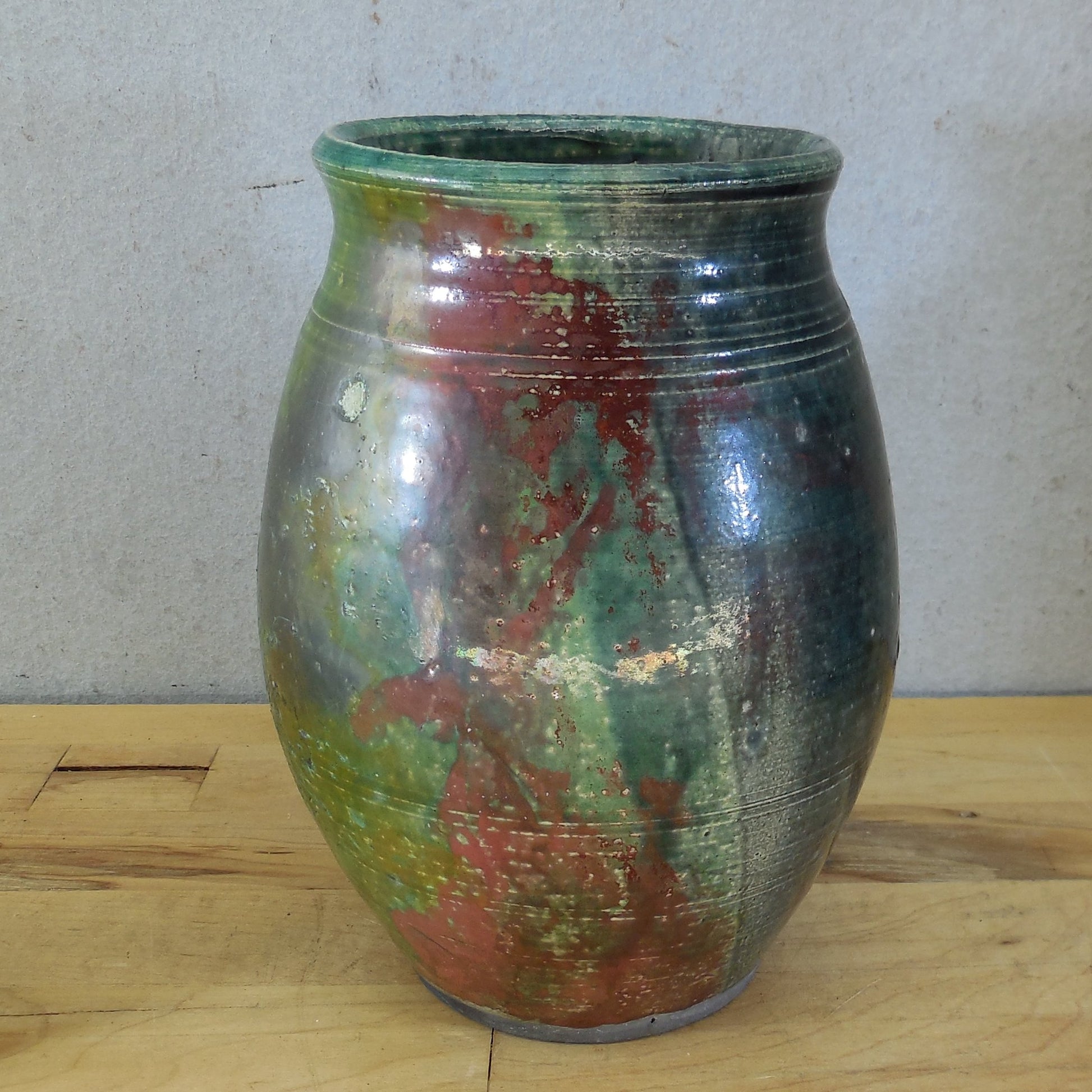 Unsigned Raku Pottery Vase Iridescent Green Red Yellow Blue 6.75" Rings