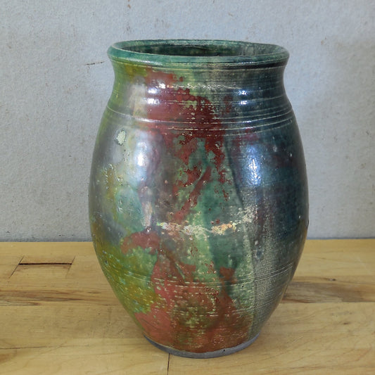 Unsigned Raku Pottery Vase Iridescent Green Red Yellow Blue 6.75" Rings
