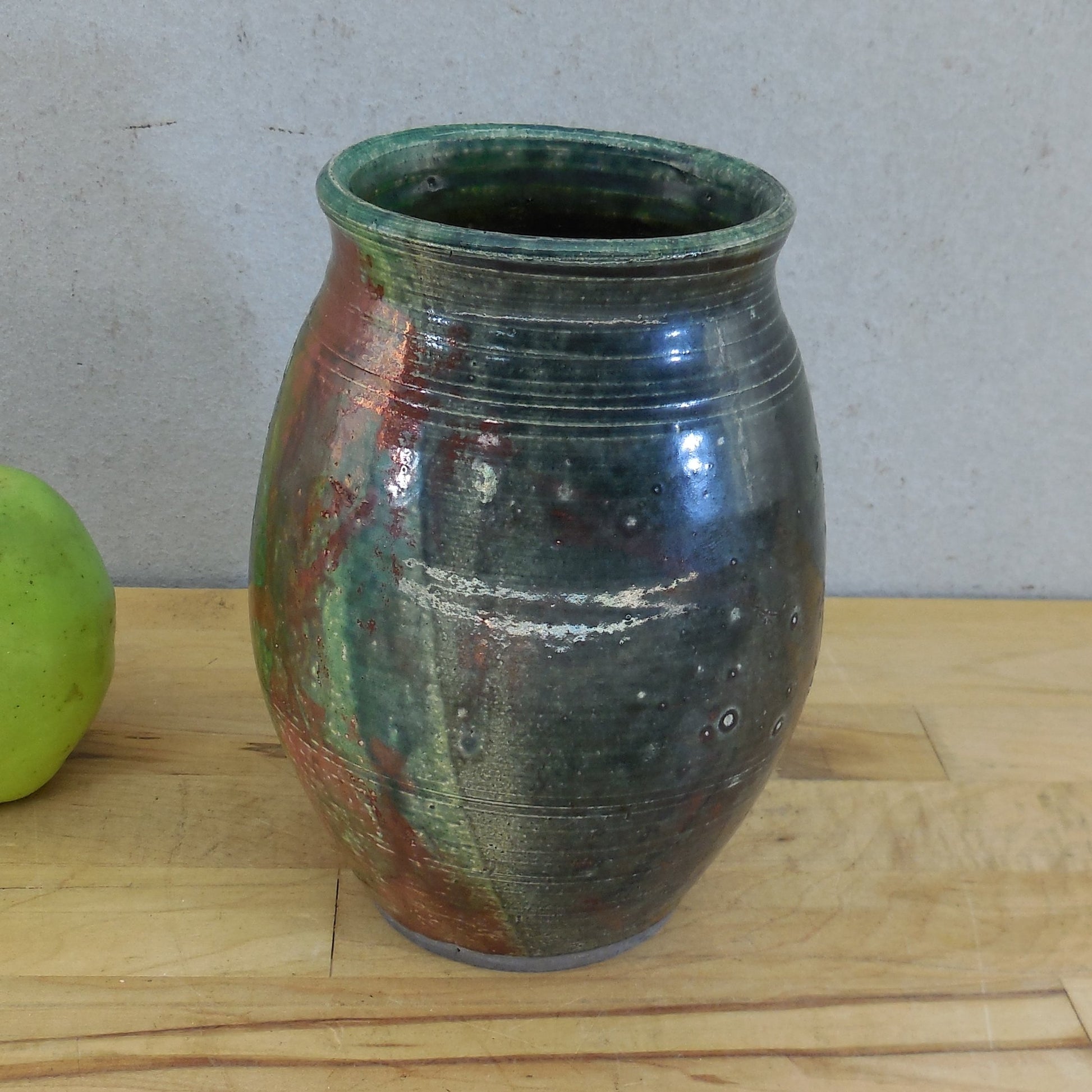 Unsigned Raku Pottery Vase Iridescent Green Red Yellow Blue 6.75" Rings