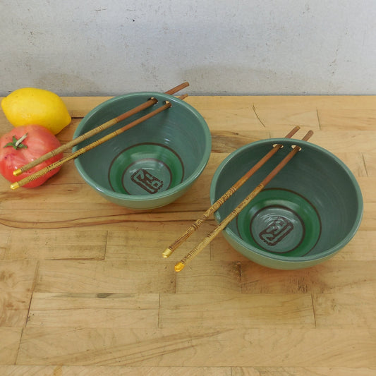 DRG Signed Studio Pottery Ramen Noodle Bowls Green Bowls Green Brown