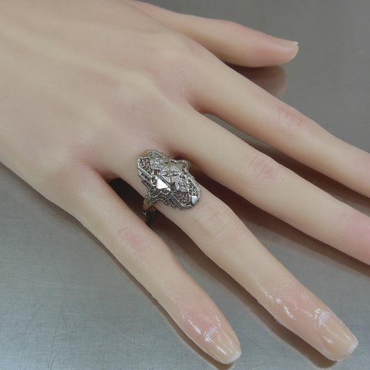 Art Deco Edwardian 14K White Gold 3 Diamond Fillagree Ring Size 8