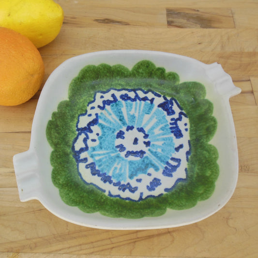 Raymor Italy Signed Pottery Ashtray Green Blue Mod Flowers