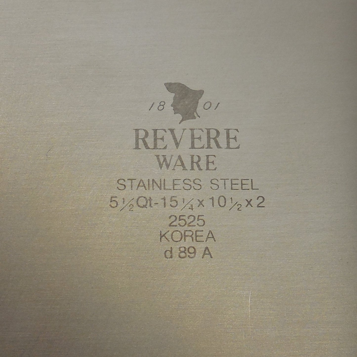 Revere Ware 2525 Stainless Baking Roasting Pan 5 1/2 Qt - 15¼ x 10½ x 2” Rack maker mark stamp

