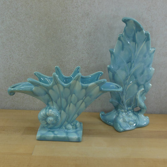 Royal Haeger Pottery Vase Pair Blue White Shell Floral R-320 R-299