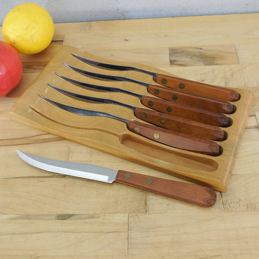 Robinson Knife Co. USA Serrated Stainless 6 Steak Knives Wood Case