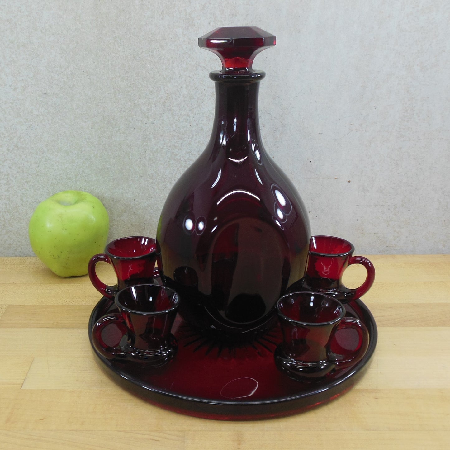 Ruby Red Glass Sherry Wine Decanter Cups Underplate Set