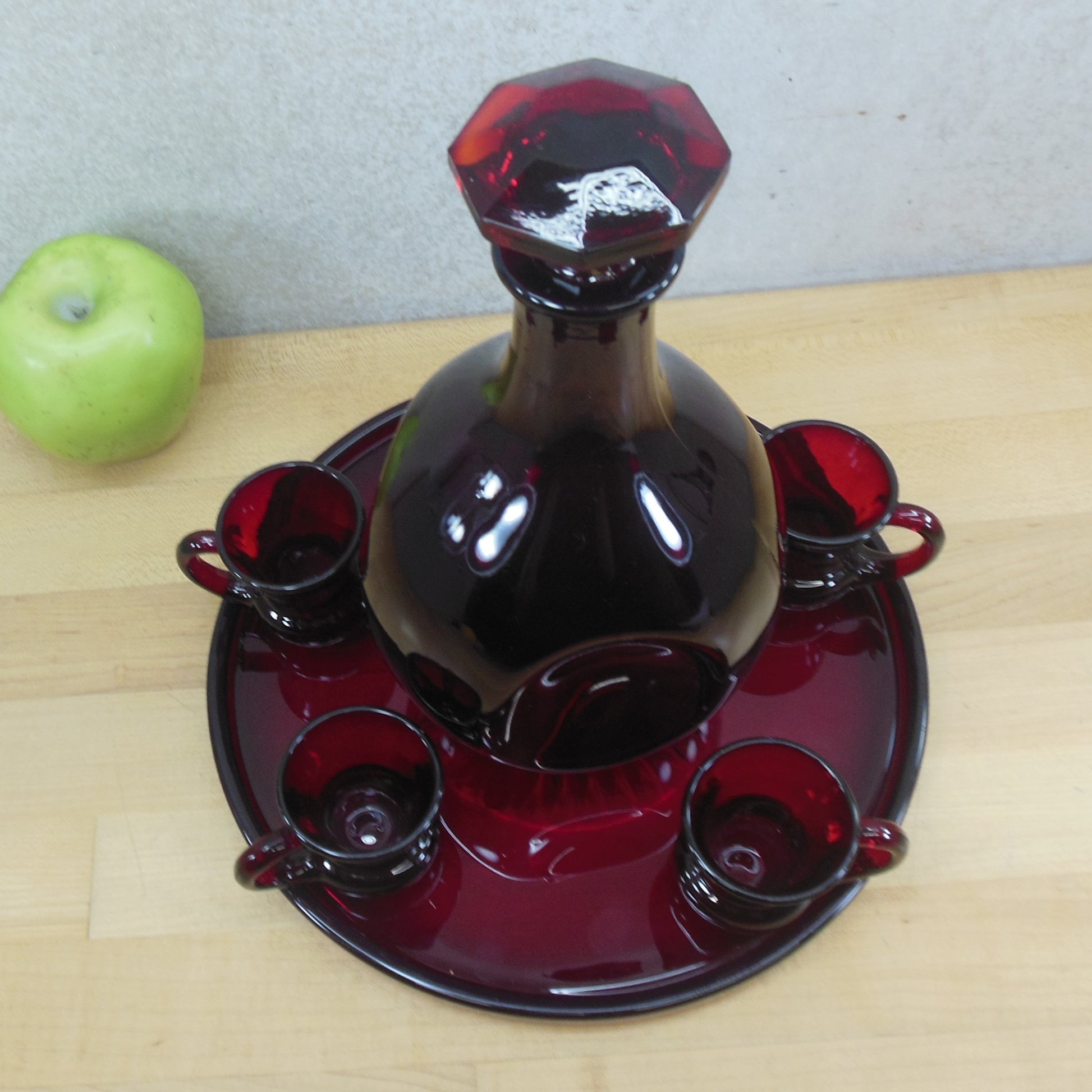 Ruby Red Glass Sherry Wine Decanter Cups Underplate Set vintage