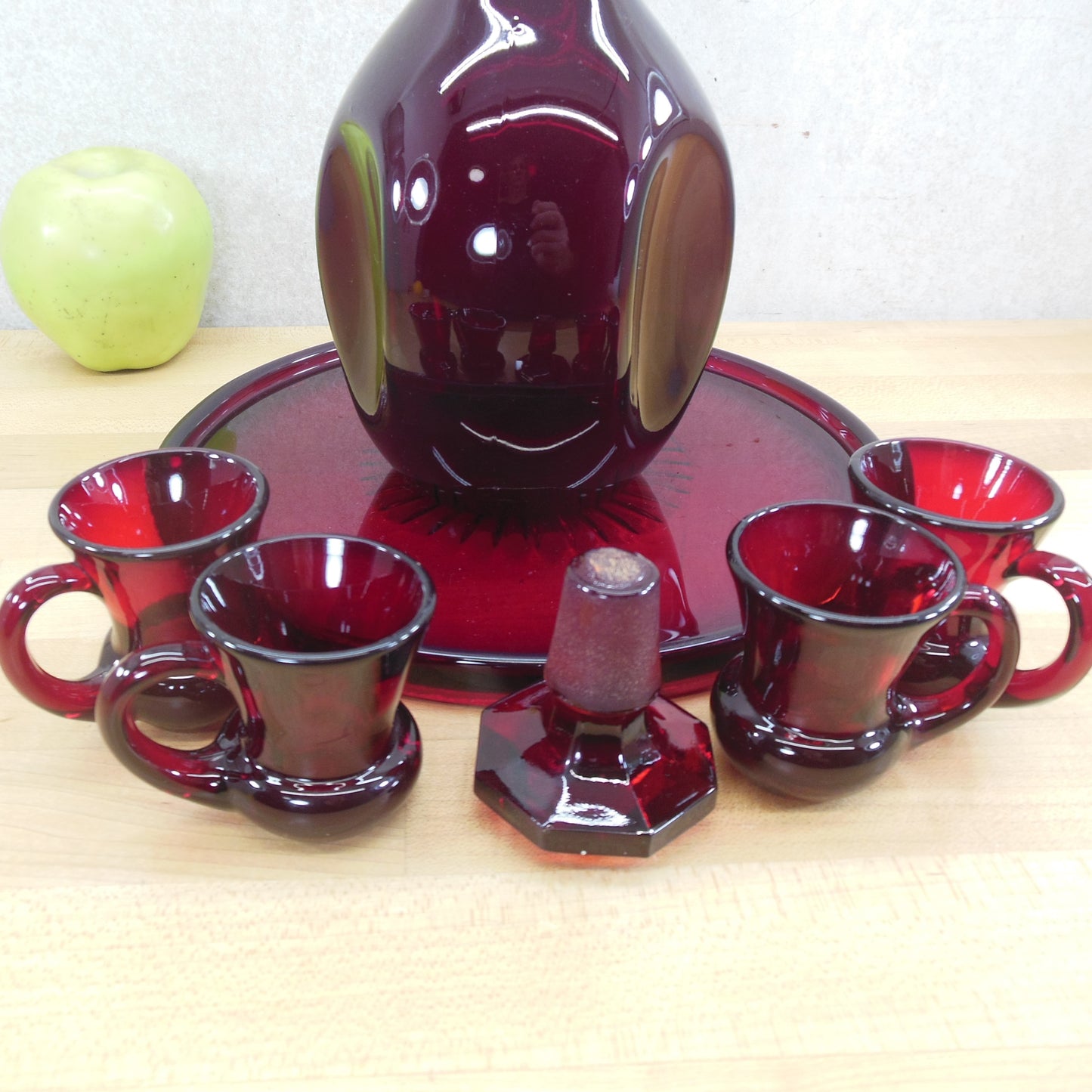 Ruby Red Glass Sherry Wine Decanter Cups Underplate Set Used