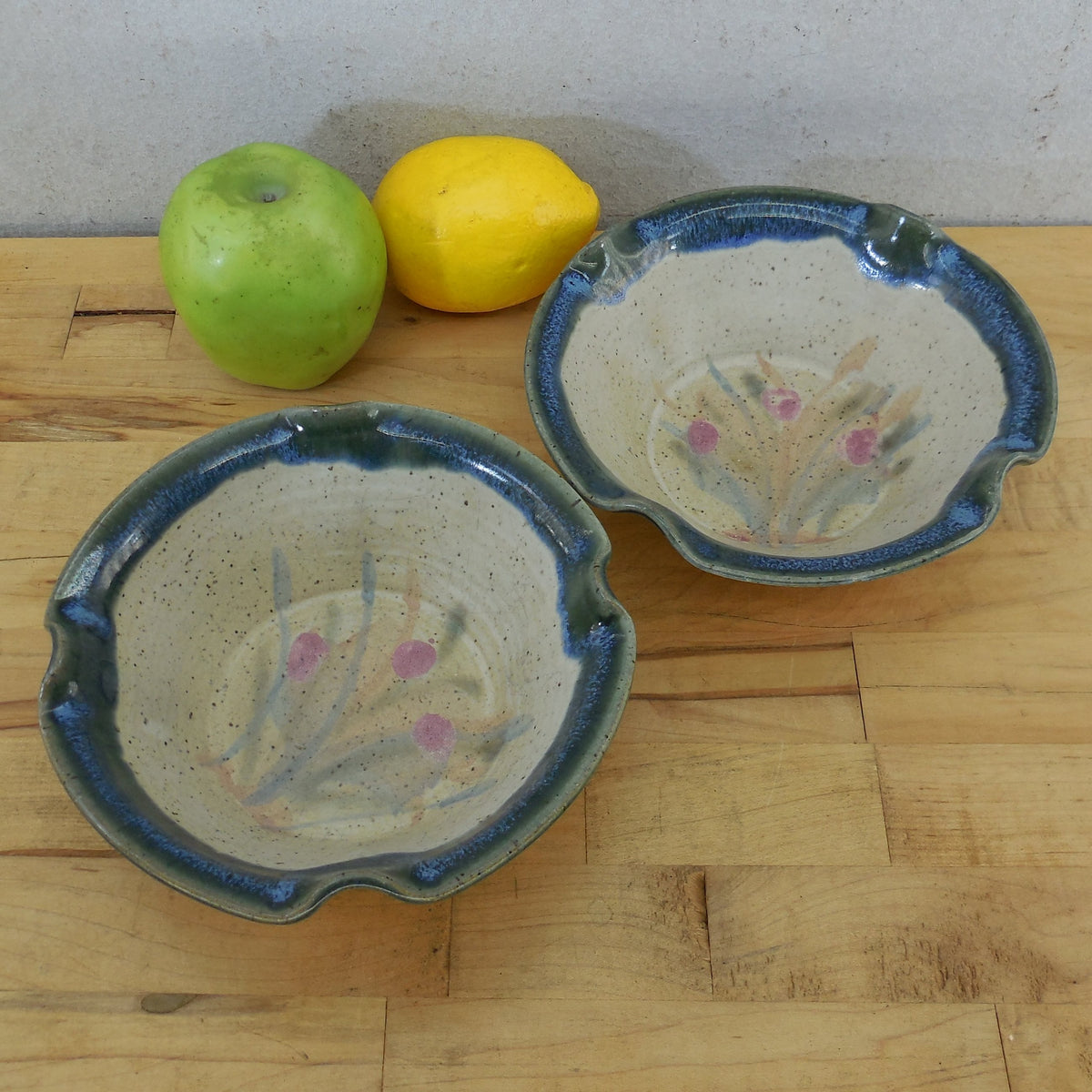 Russellwood Pottery NC Pair 1998 Folded Rim Individual Bowls Floral 6.75"