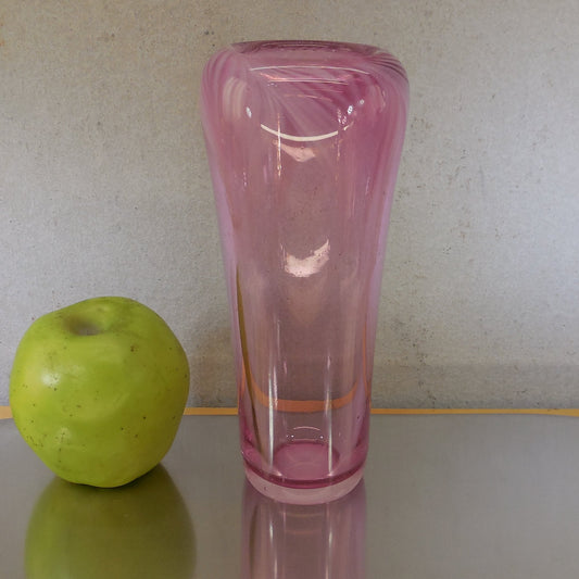 Sensale 1980's Signed Art Glass Vase Pulled Feather Cranberry Pink