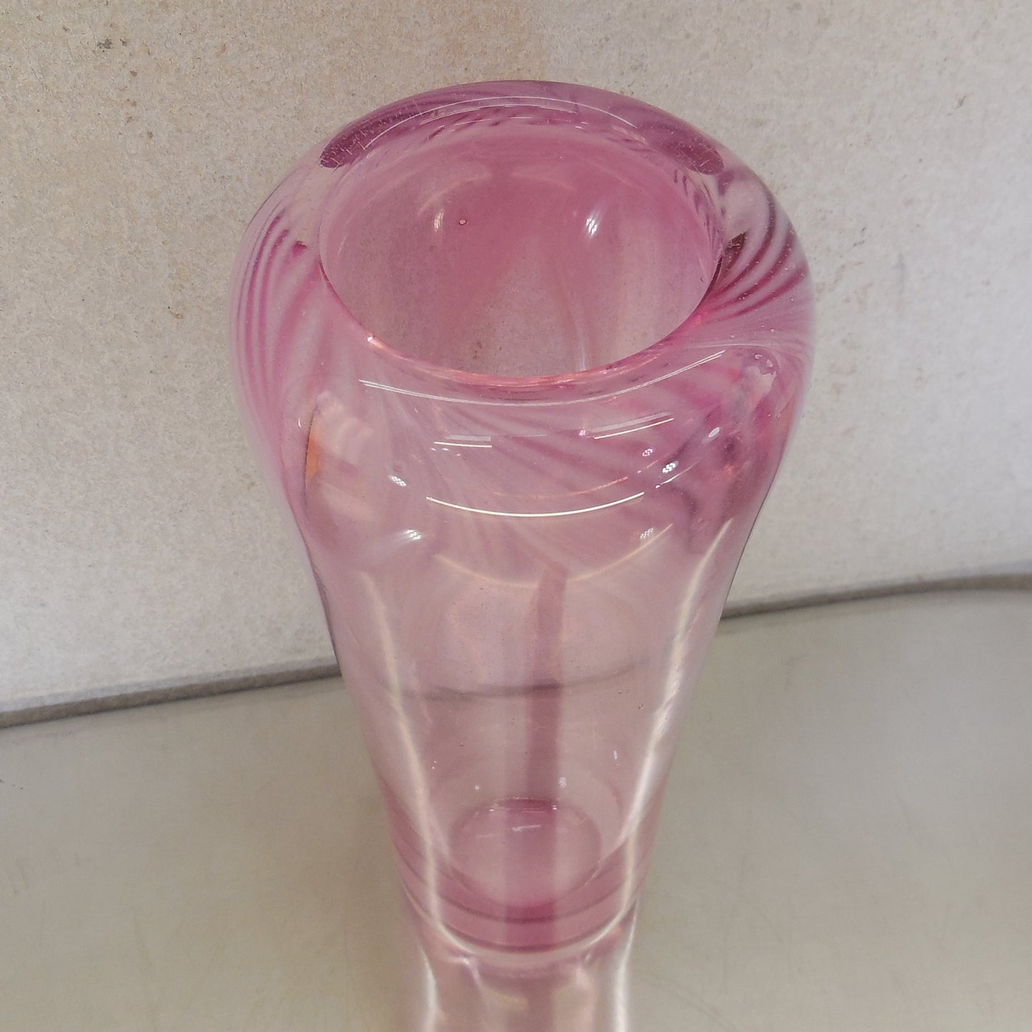 Sensale 1980's Signed Art Glass Vase Pulled Feather Cranberry Pink White