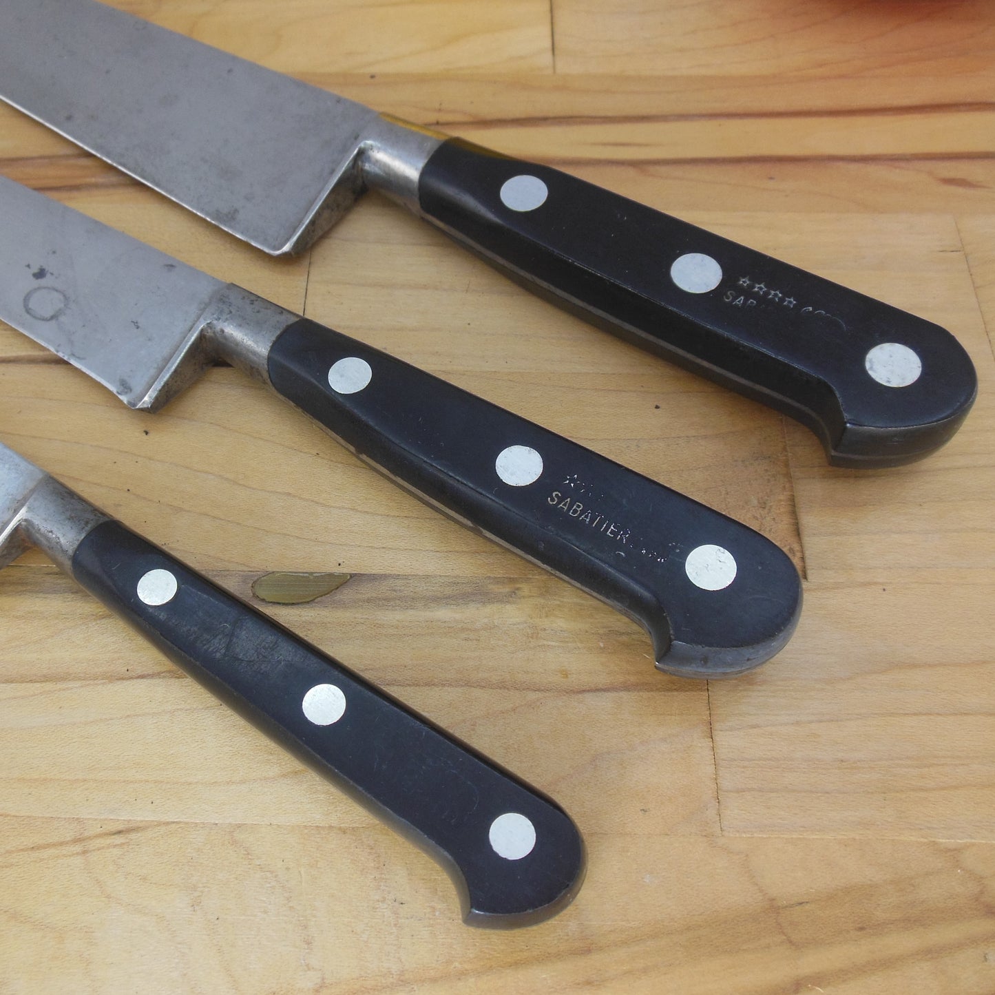 Sabatier France 4 Star Elephant Carbon Steel Chef Knives 3 Set 4" 6" 8" black handles