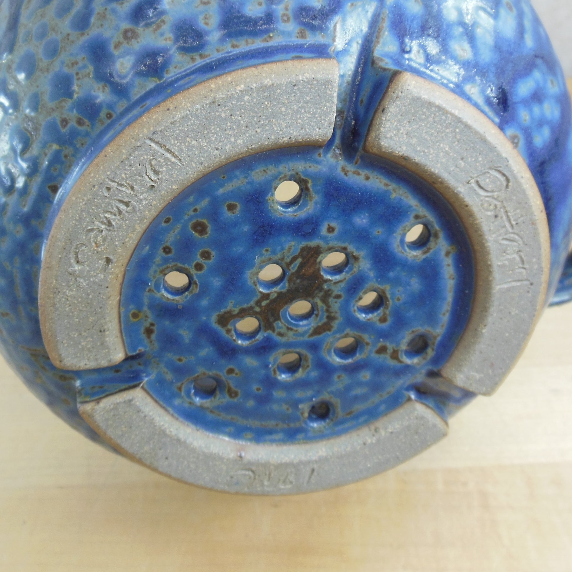 Sanibel Pottery 1997 Blue Glaze Berry Bowl Holes Perforated Signed
