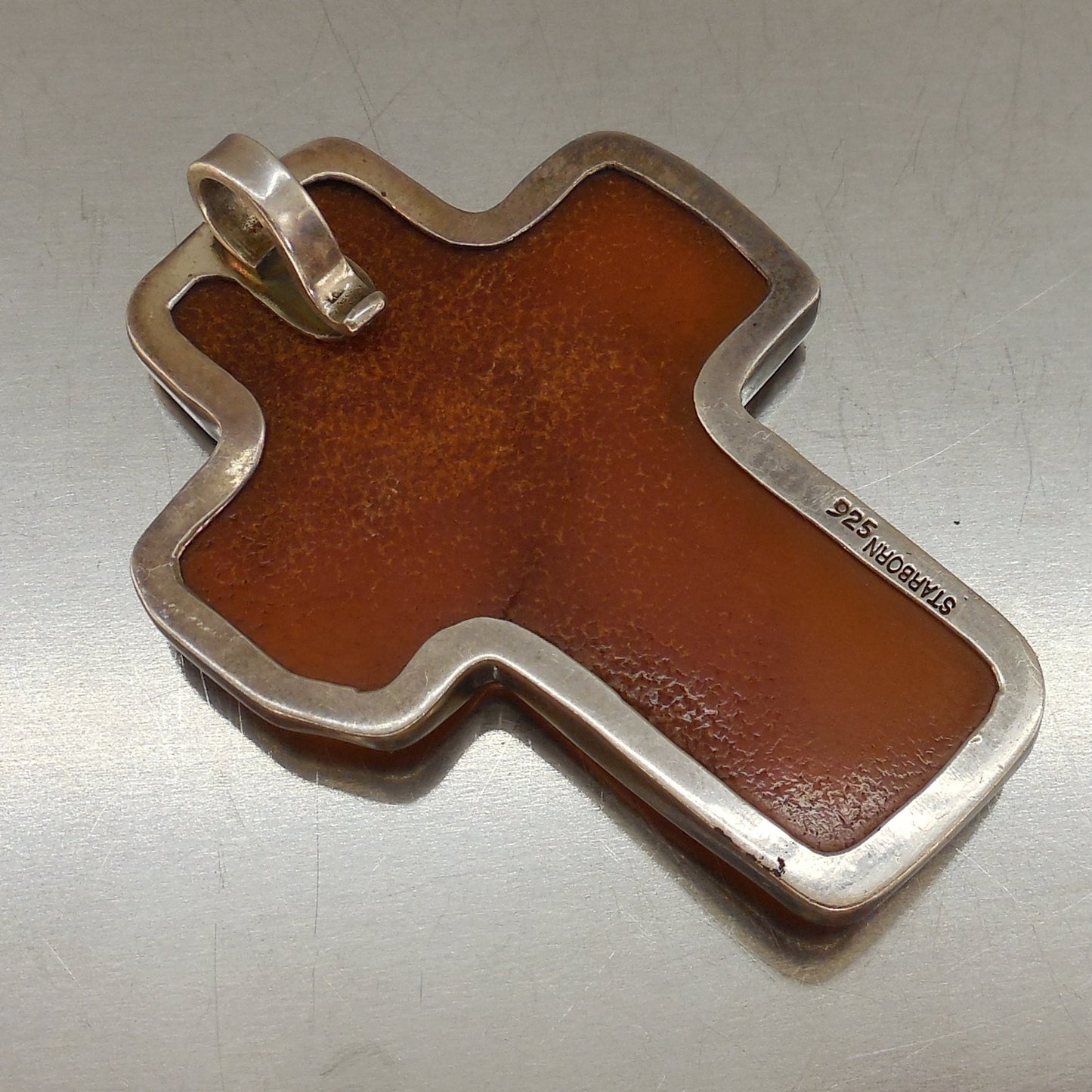 Starborn Sterling Silver Amber Large Cross Pendant 2.5" Signed