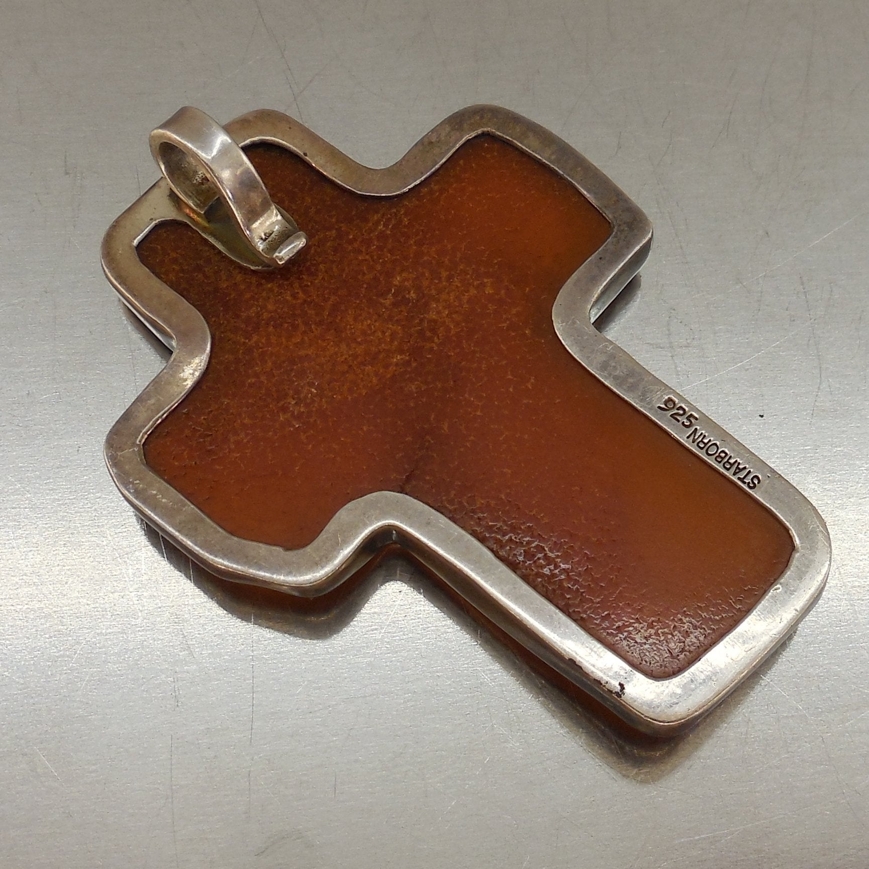 Starborn Sterling Silver Amber Large Cross Pendant 2.5" Signed