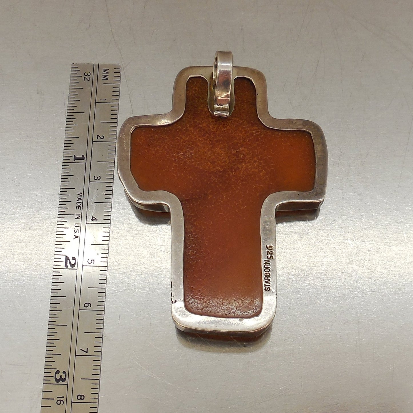 Starborn Sterling Silver Amber Large Cross Pendant 2.5" Pre-owned
