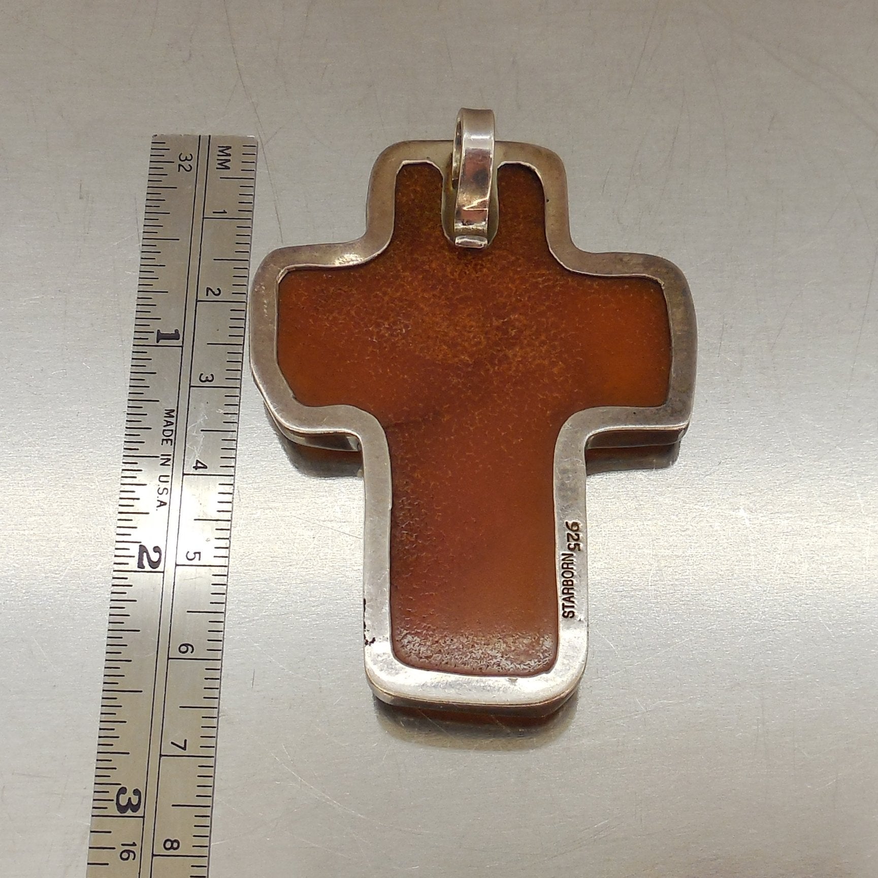 Starborn Sterling Silver Amber Large Cross Pendant 2.5" Pre-owned
