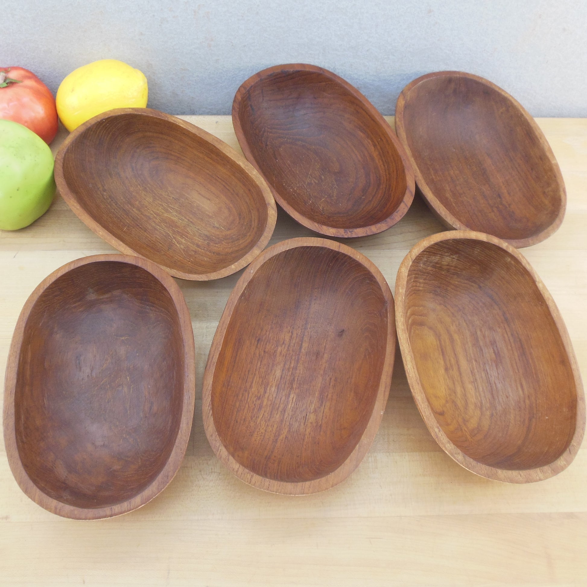 Selandia Designs Thailand Oval Teak Individual Salad Bowls 6 Set Vintage