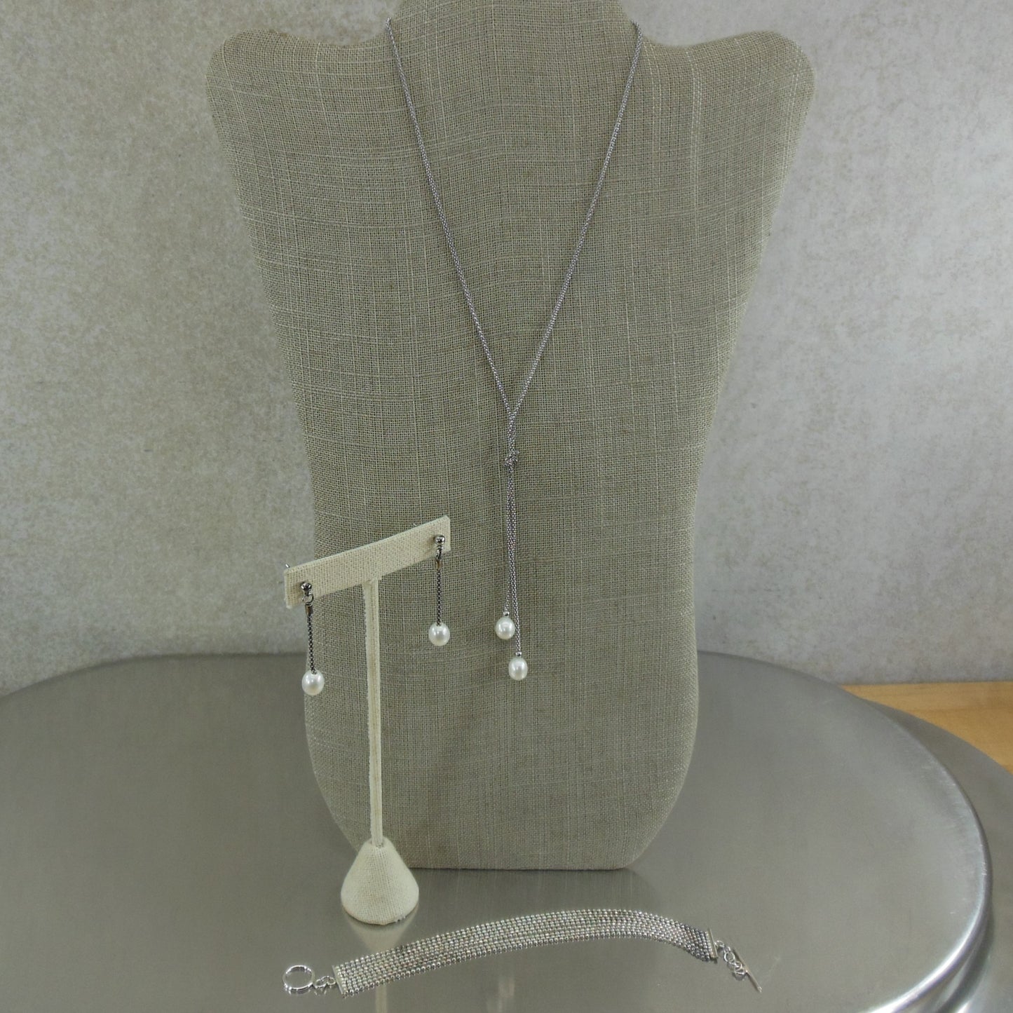 Unbranded 925 Sterling Pearl Necklace Earring Set & KM Bracelet