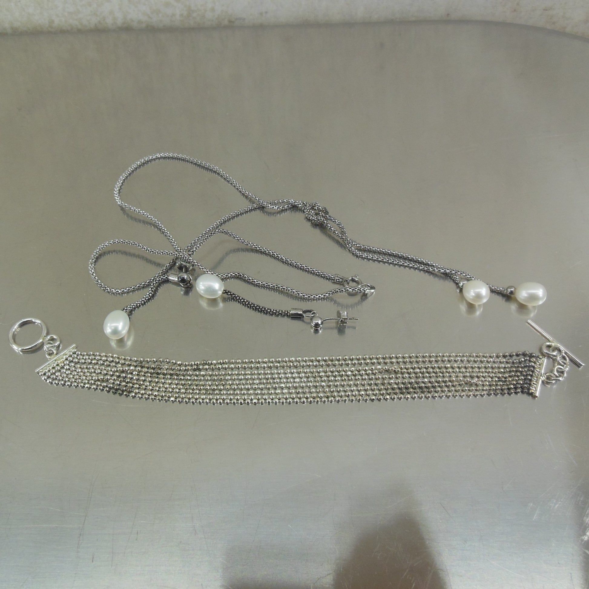 Unbranded 925 Sterling Pearl Necklace Earring Set & KM Bracelet Vintage