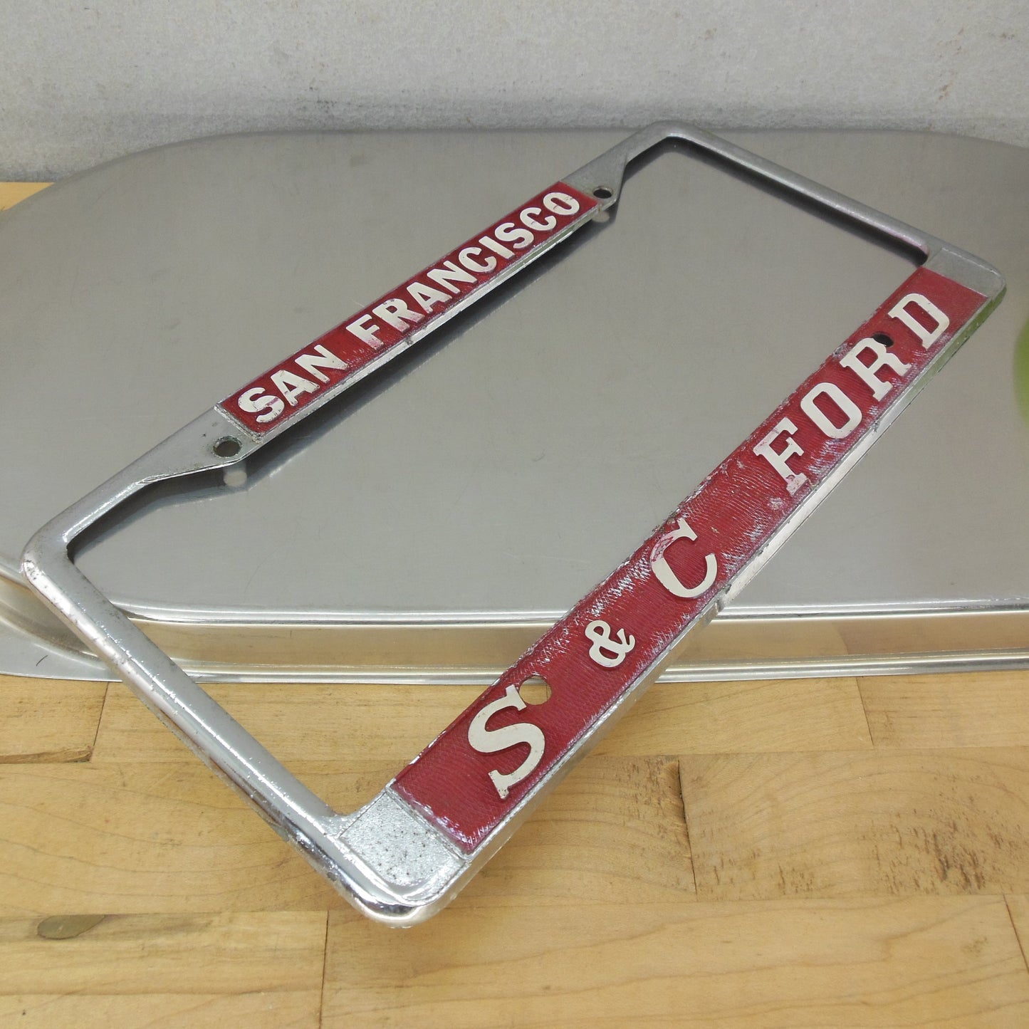 S&C Ford San Francisco CA Metal Red Dealer License Plate Frame Vintage
