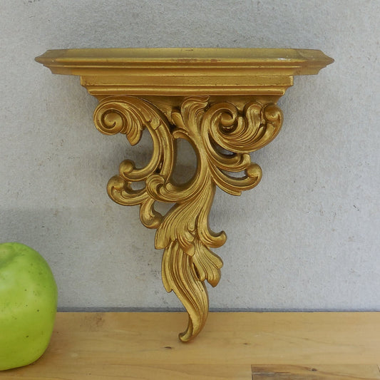 1962 Syroco USA MCM Hollywood Regency Ornate Gold Wall Shelf Sconce