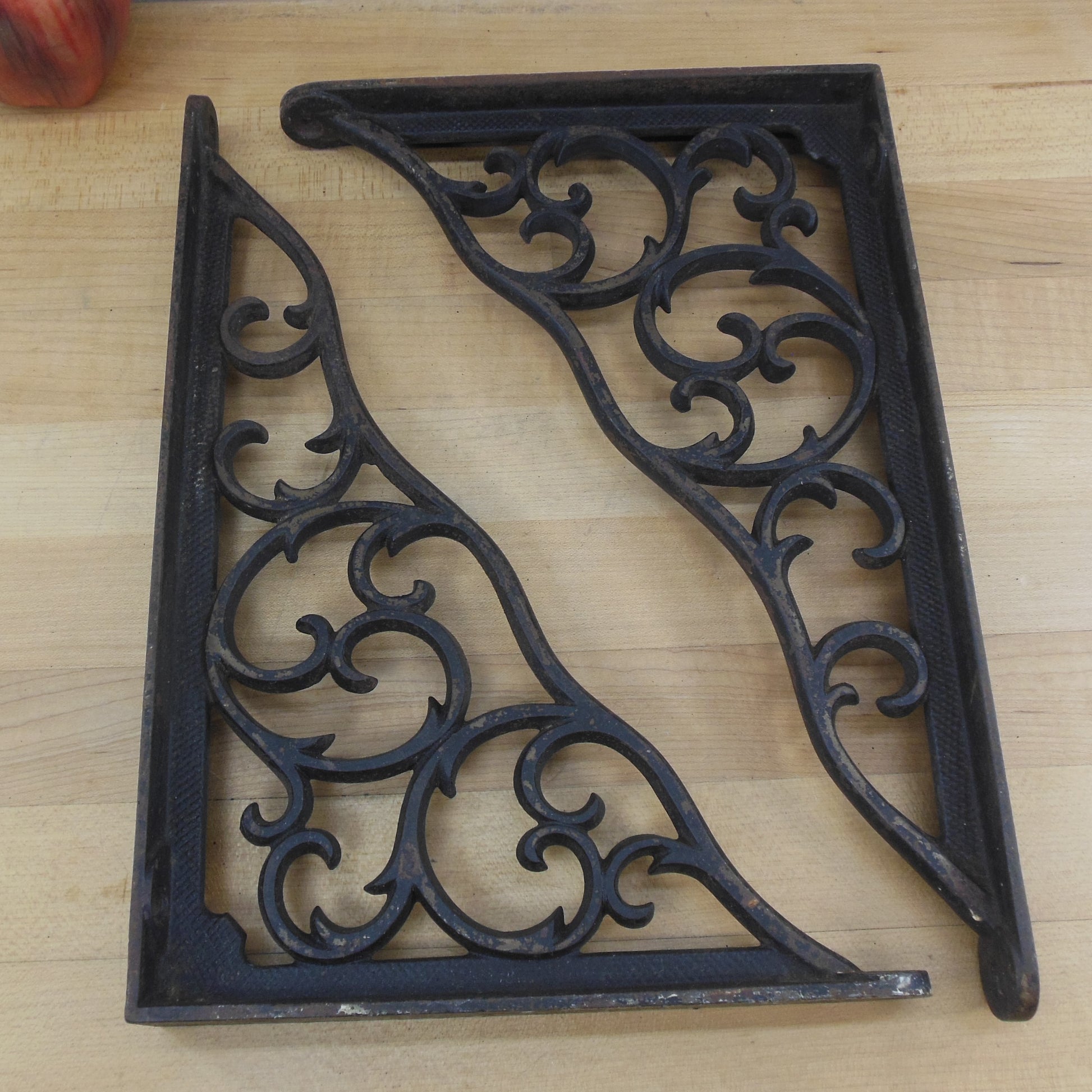 Antique Wrought Ornate Scroll Cast Iron Shelf Bracket Pair 8" x 12" Black Paint