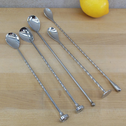 Cocktail Bar Mixing Stirring Spoons 5 Lot Twist Handles Chrome Stainless