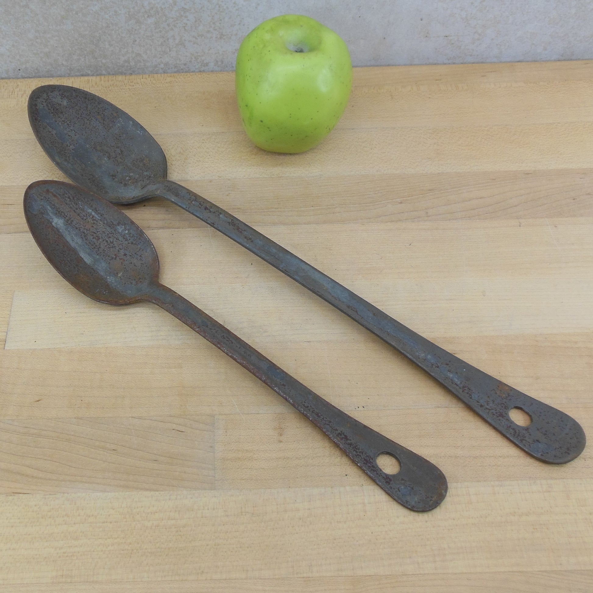 Antique Primitive Tinned Iron Mess Spoons - Institutional Military Farmhouse