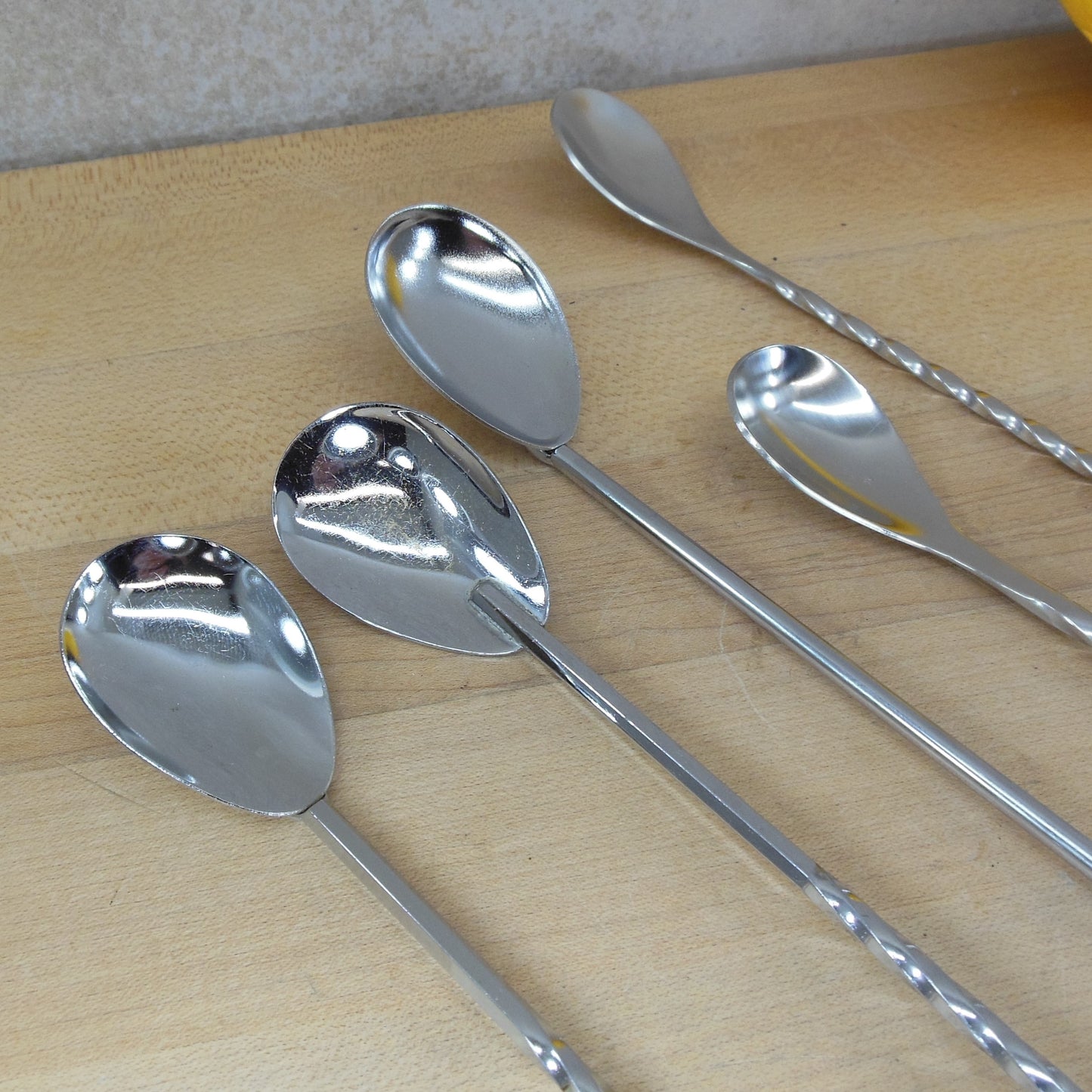 Cocktail Bar Mixing Stirring Spoons 5 Lot Twist Handles Chrome Stainless vintage