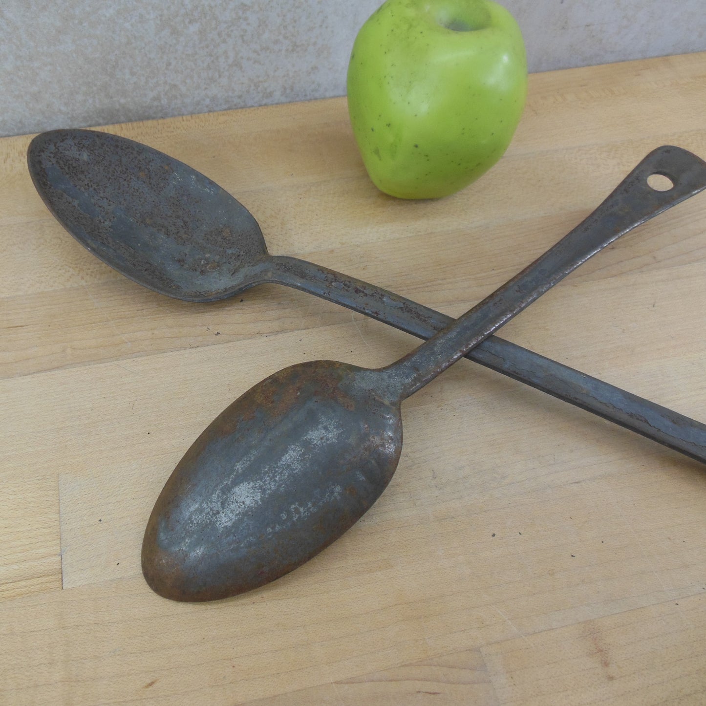Antique Primitive Tinned Iron Mess Spoons - Institutional Military Farmhouse used