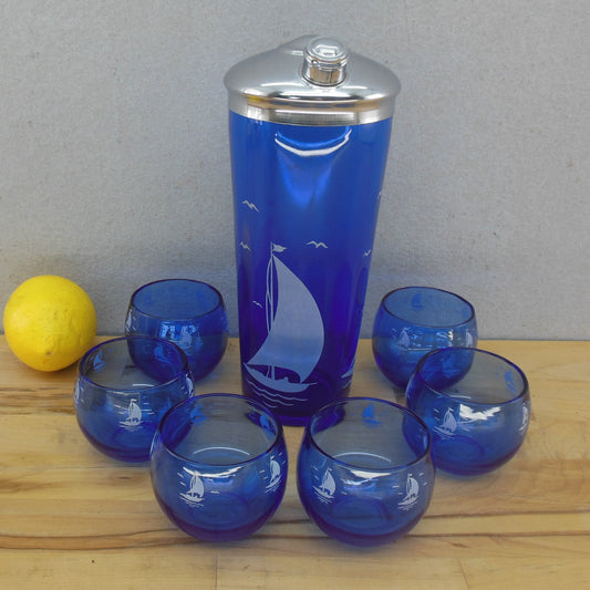 Hazel Atlas Cobalt Blue White Sailboat Cocktail Shaker Roly Poly Glasses Set