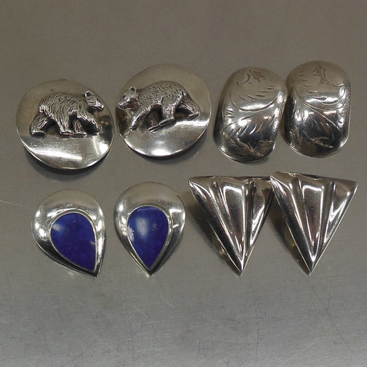Estate 4 Lot Sterling Silver Clip Earrings - Bear Mexico Thailand Lapis
