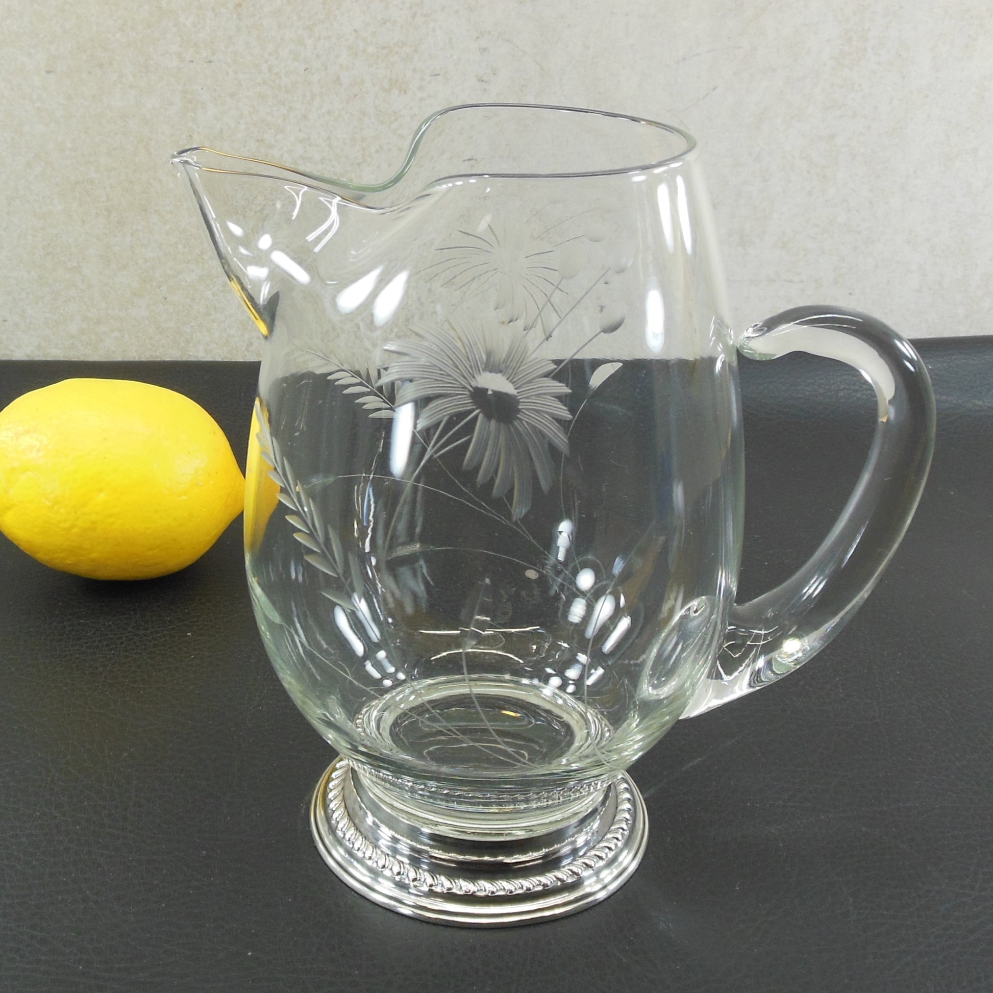 Blown Floral Cut Clear Glass Sterling Silver Cocktail Pitcher