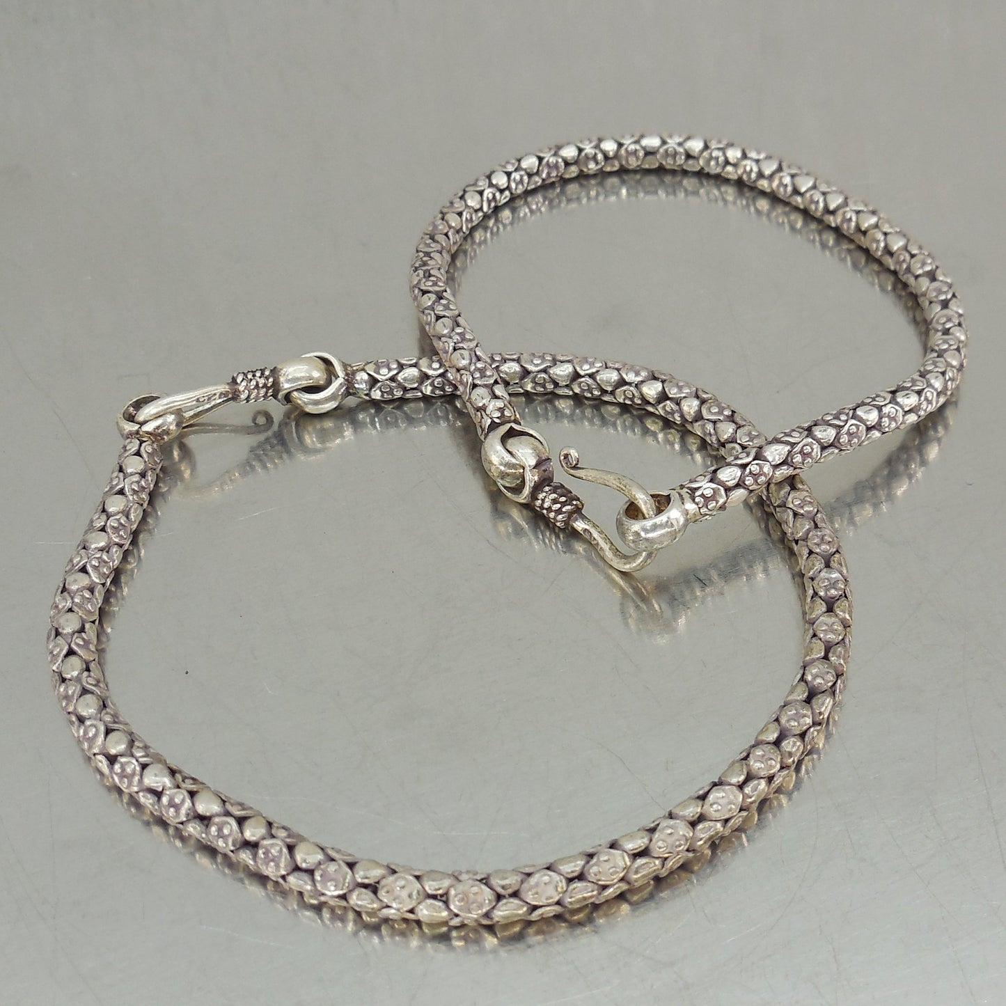 Balinese Pair 925 Sterling Silver Popcorn Bracelets 7.5" 8" Hook Clasp