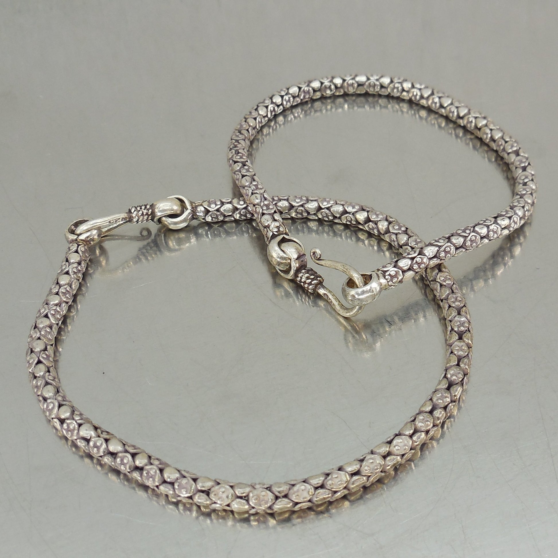 Balinese Pair 925 Sterling Silver Popcorn Bracelets 7.5" 8" Hook Clasp