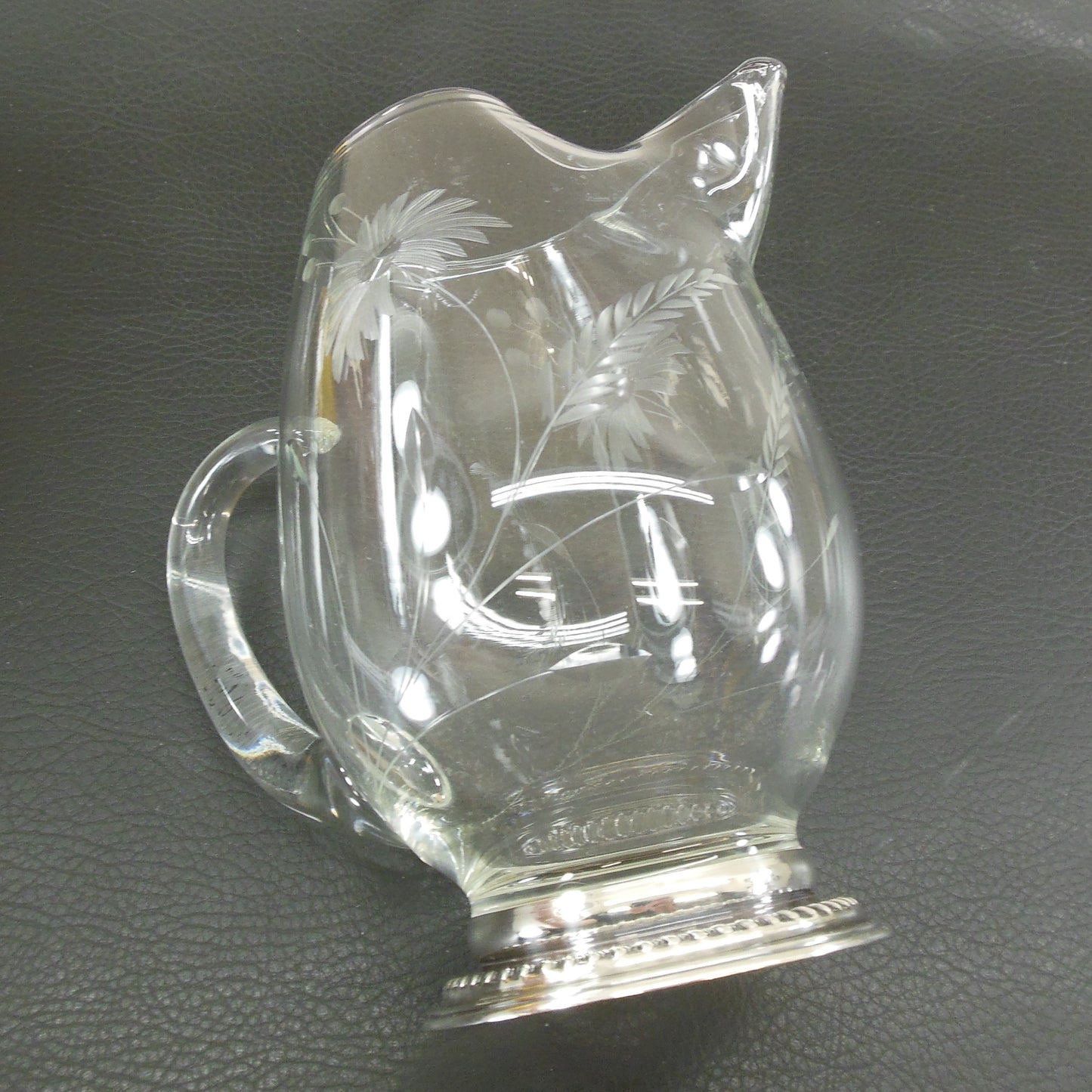 Blown Floral Cut Clear Glass Sterling Silver Cocktail Pitcher Zinnia