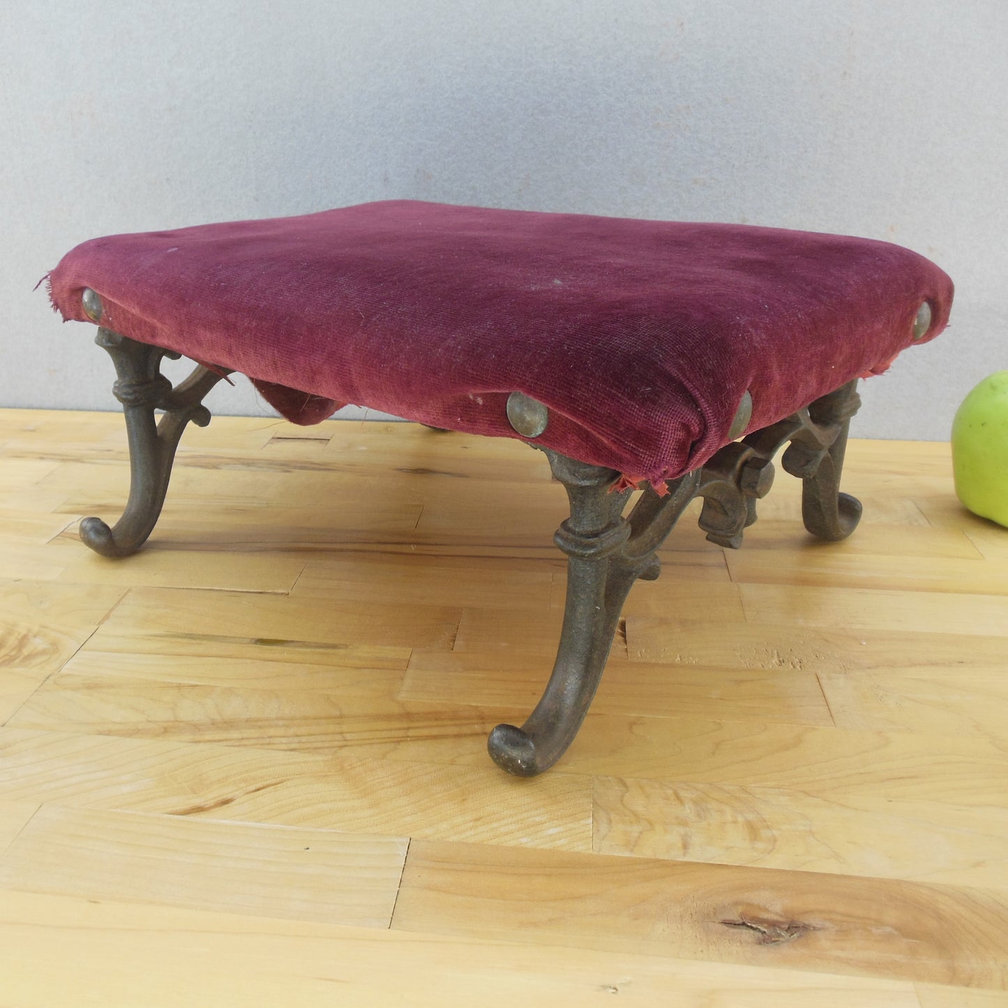 Antique Cast Iron Foot Stool Unrestored Original Red Velvet