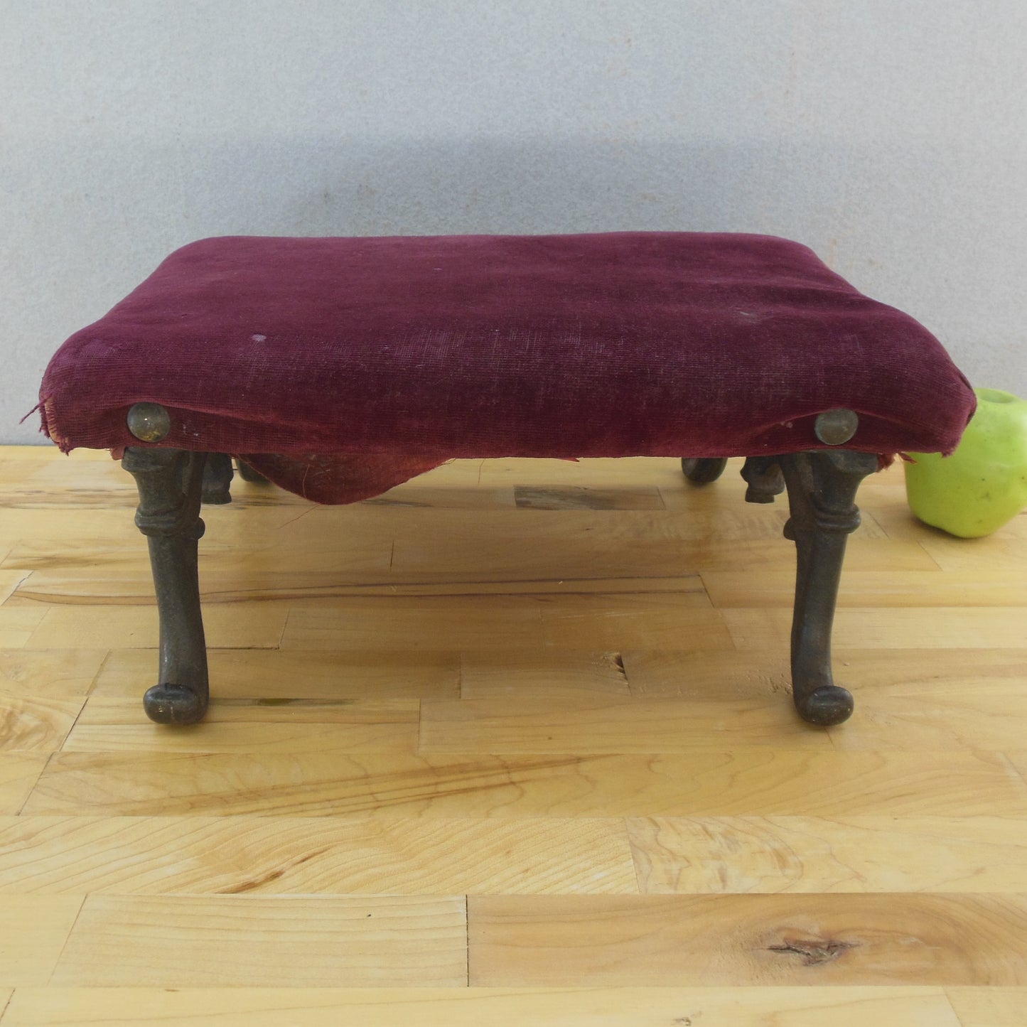 Antique Cast Iron Foot Stool Unrestored Original Red Velvet 10 x 14