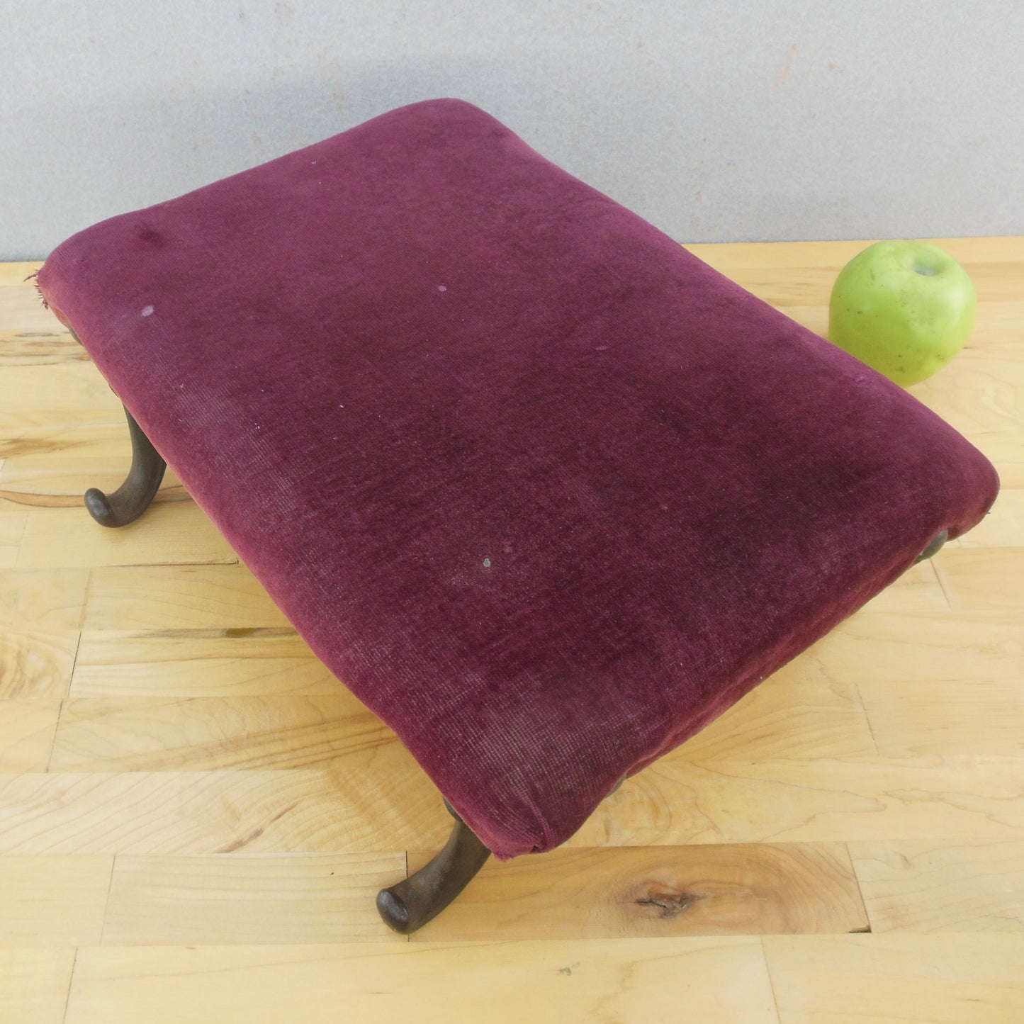 Antique Cast Iron Foot Stool Unrestored Original Red Velvet Victorian