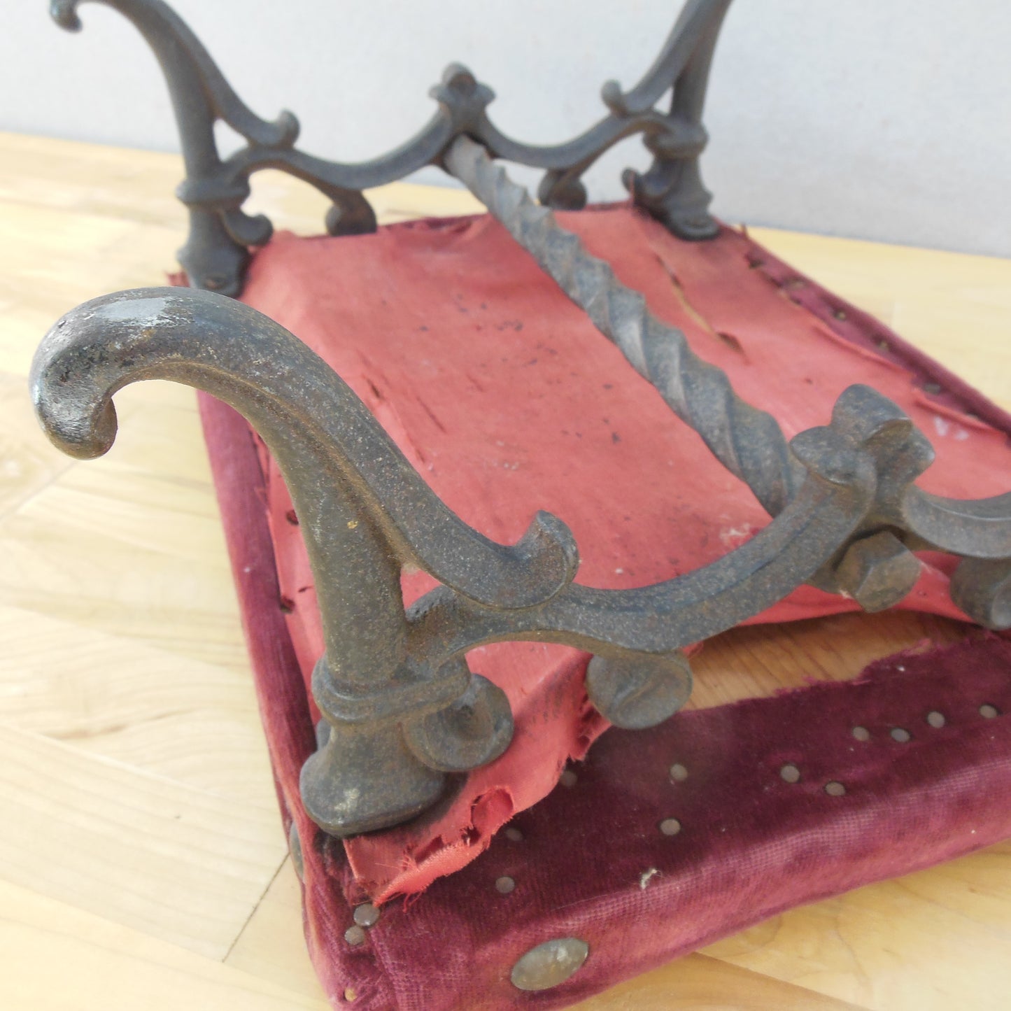 Antique Cast Iron Foot Stool Unrestored Original Red Velvet Ornate Twisted