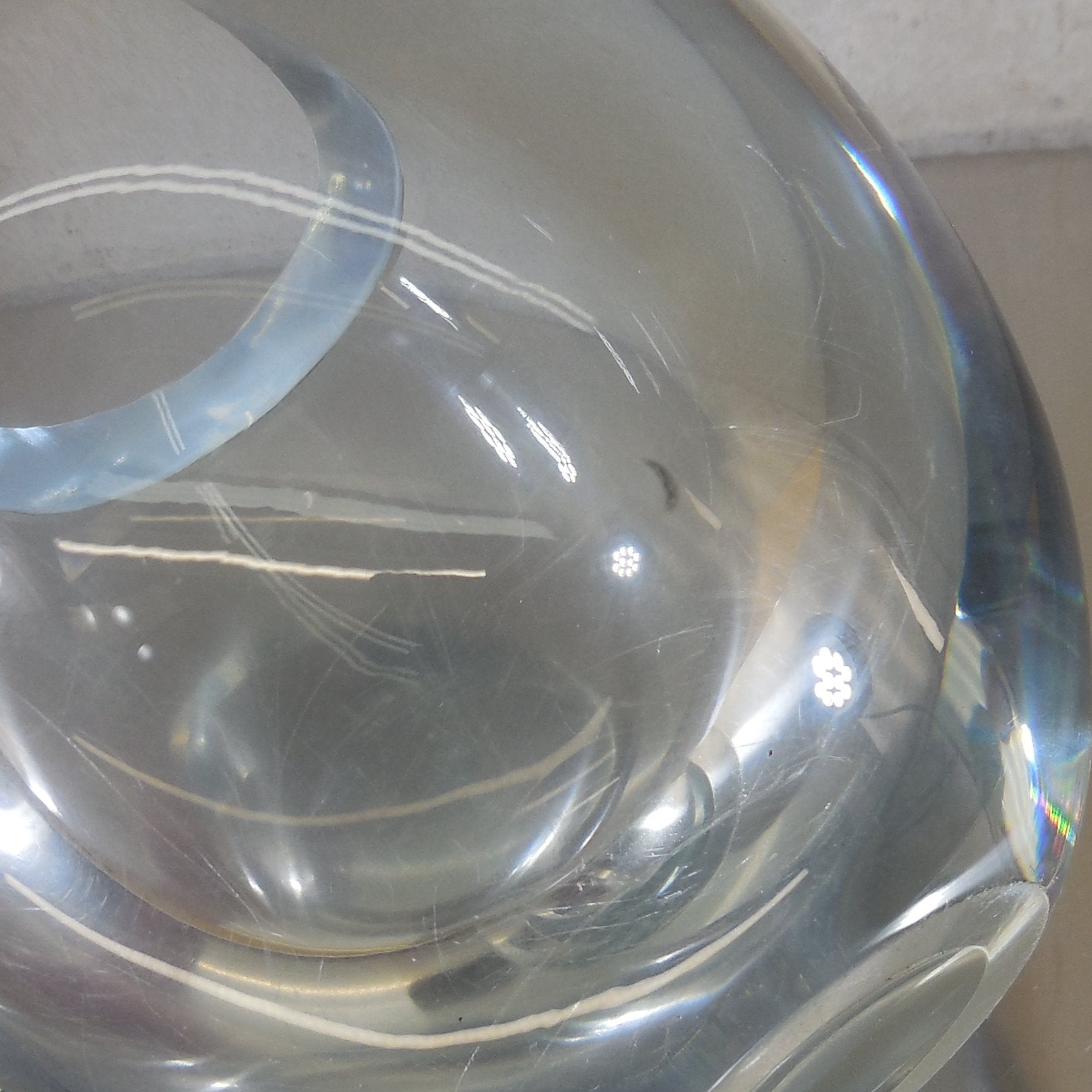 Unsigned Swedish Heavy Thick Art Glass Vase Orb Strombergshyttan Era Scratch
