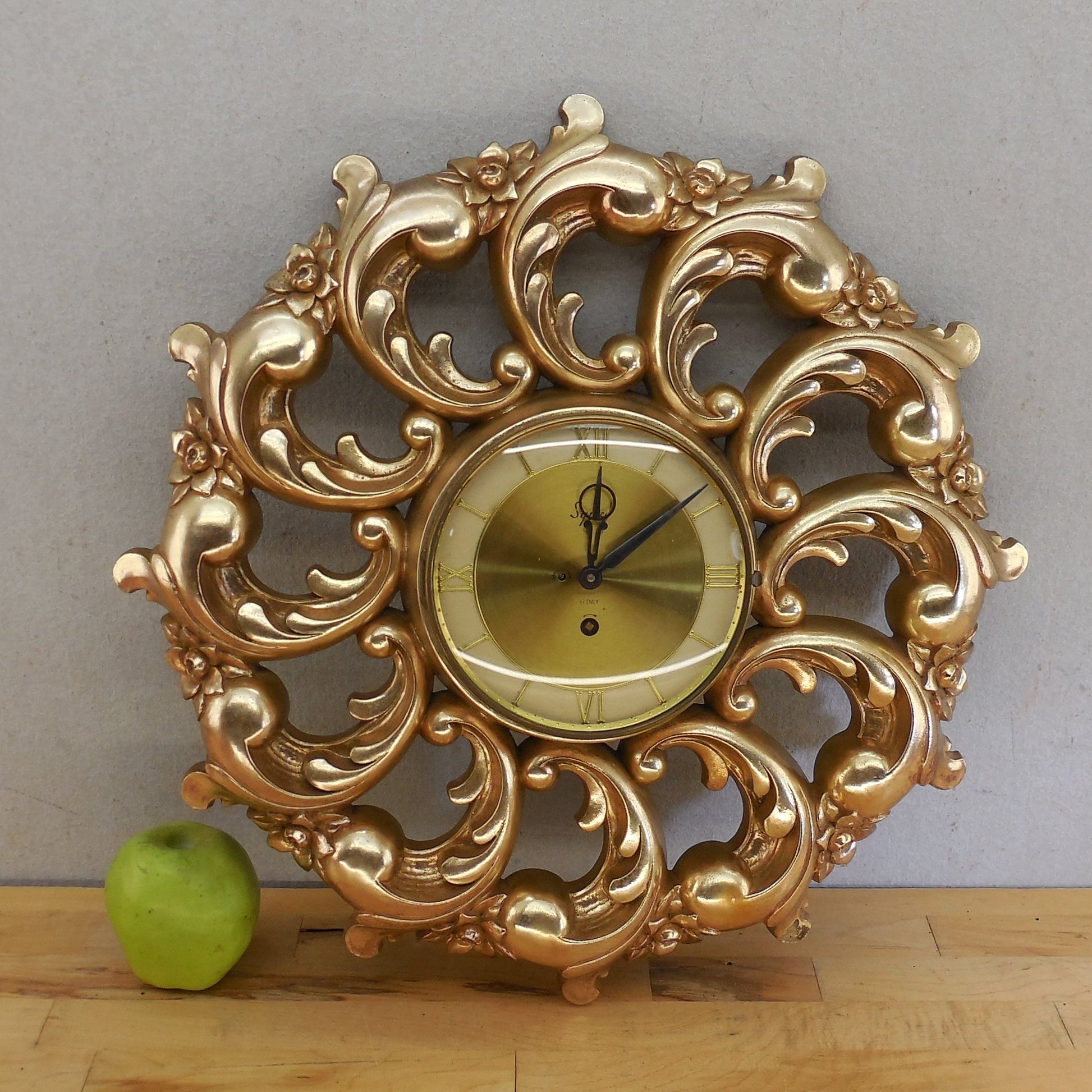 Syroco USA Bright Gold Flower Scroll 8 Day Wall Clock 18" - Not Running