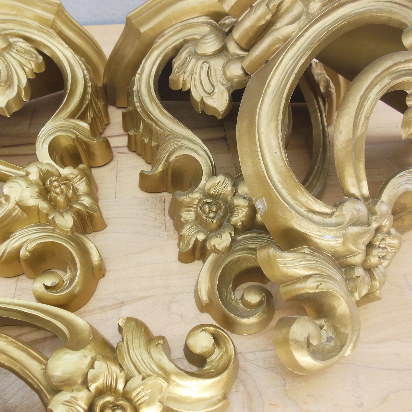 1970 Syroco USA 3507 MCM Hollywood Regency Ornate Gold Wall Shelves Set of 4vintage