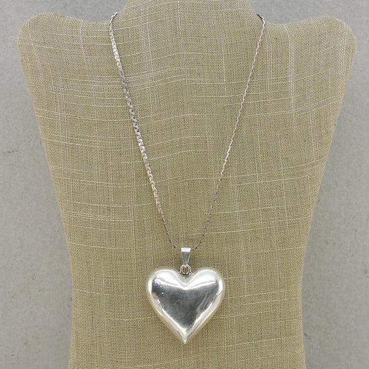 Taxco Mexico 925 Sterling Puffy Heart Pendant Necklace Large 2"