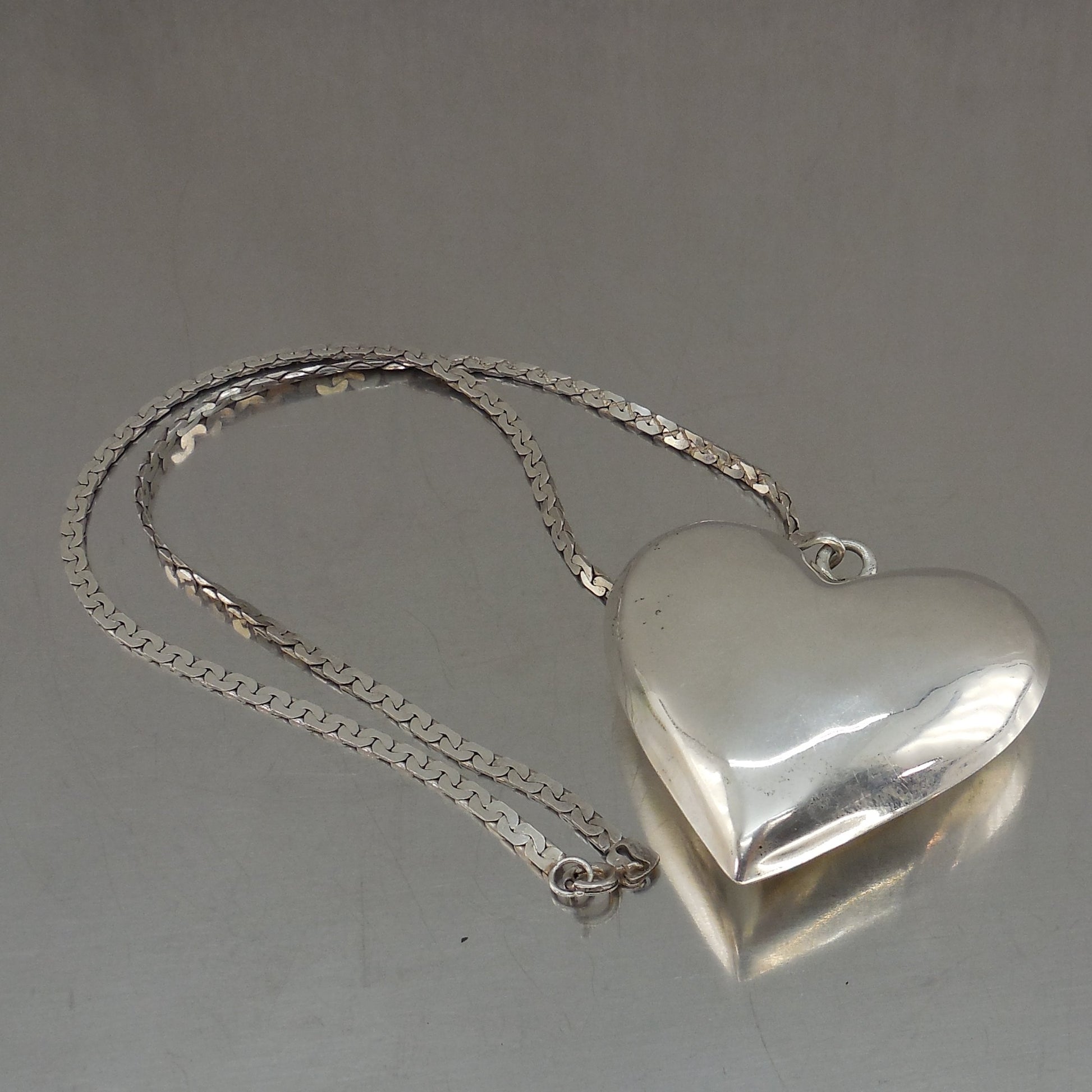 Taxco Mexico 925 Sterling Puffy Heart Pendant Necklace Large 2" Vintage