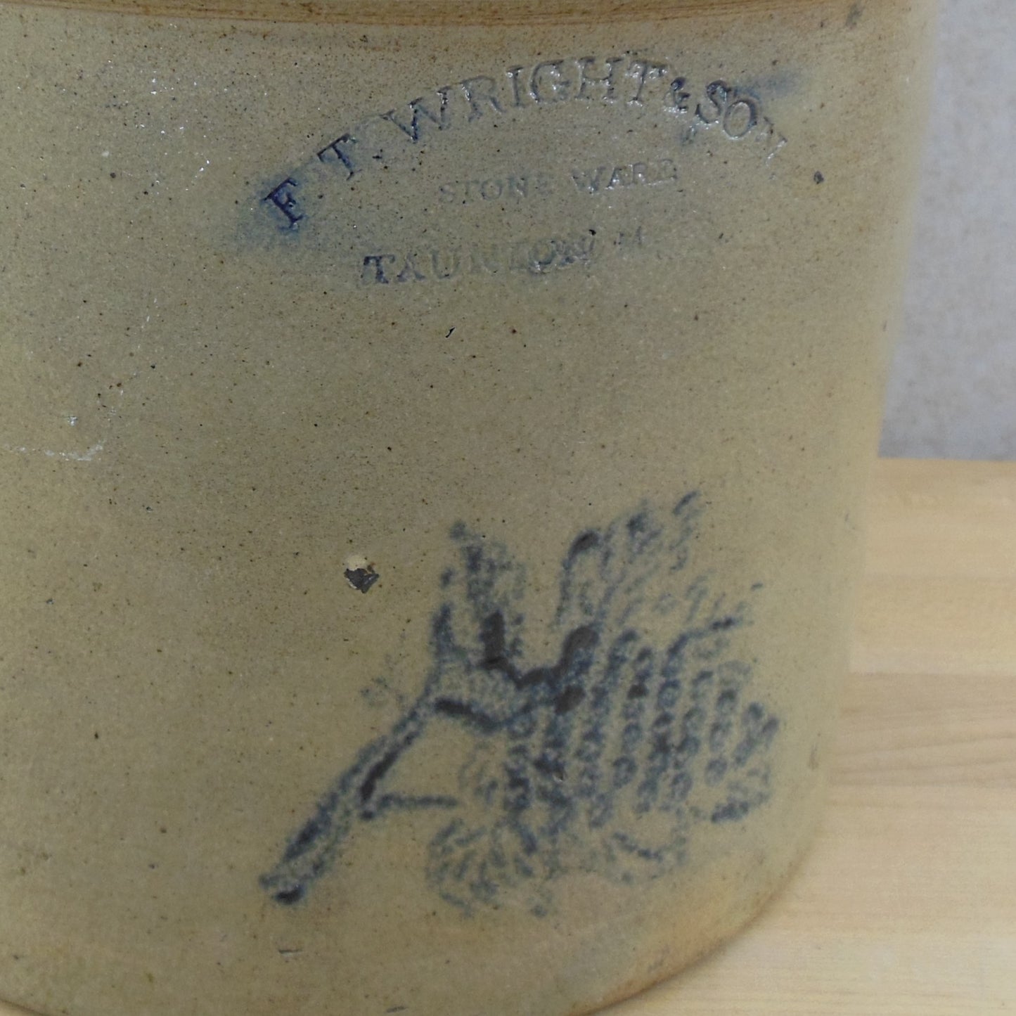 F.T. Wright & Sons Taunton Mass. Antique Stoneware 1 Gal. Crock Grapes Cobalt